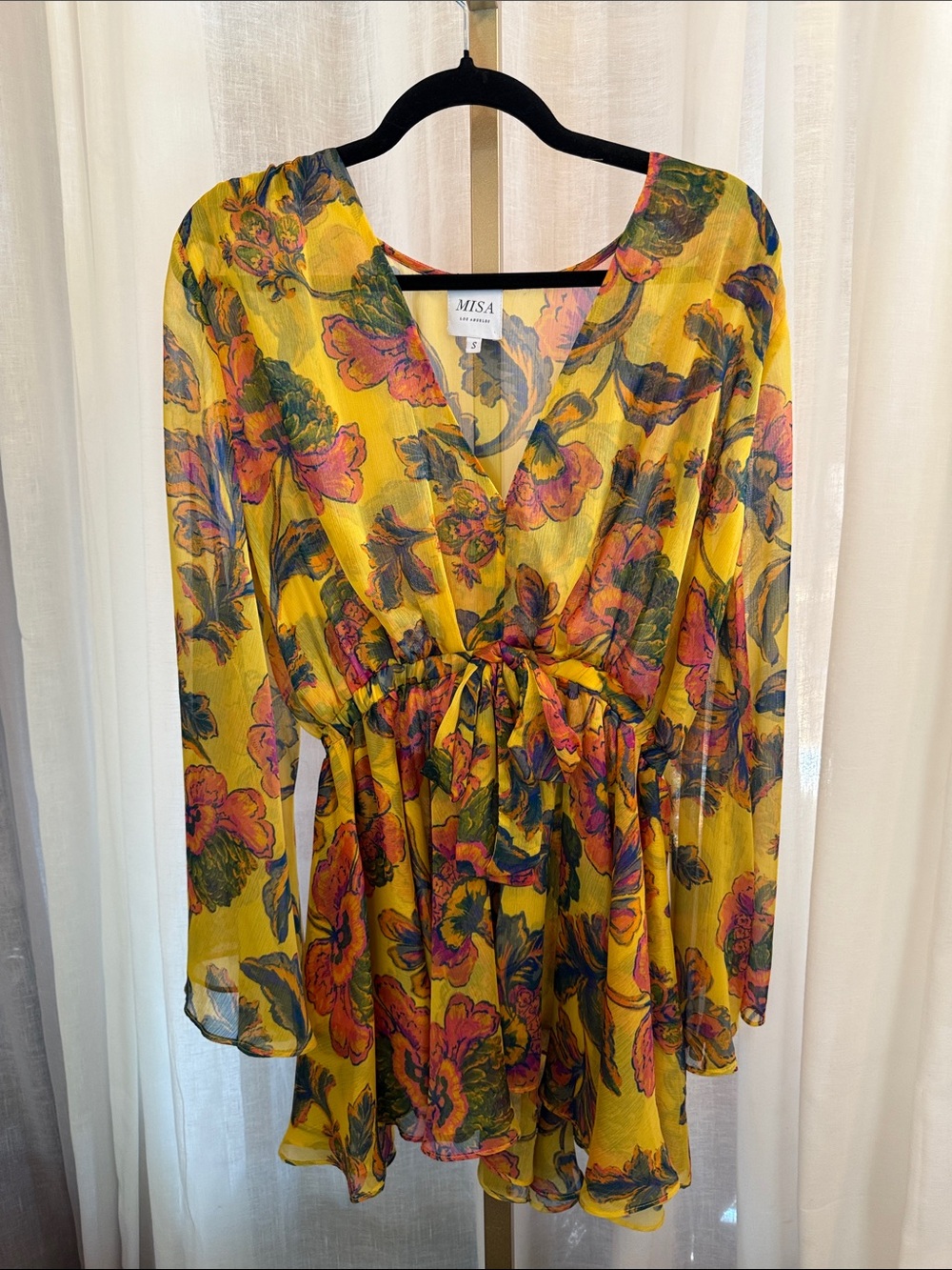 Misa Los Angeles Yellow Floral Long-Sleeve Tie-Waist Mini Dress